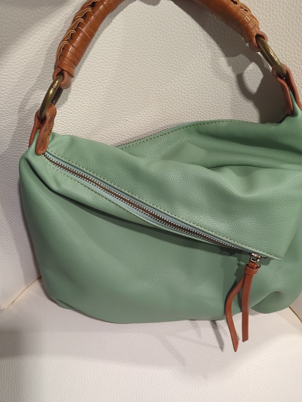 Mint Green Hobo Shoulder Bag with Tan Handle